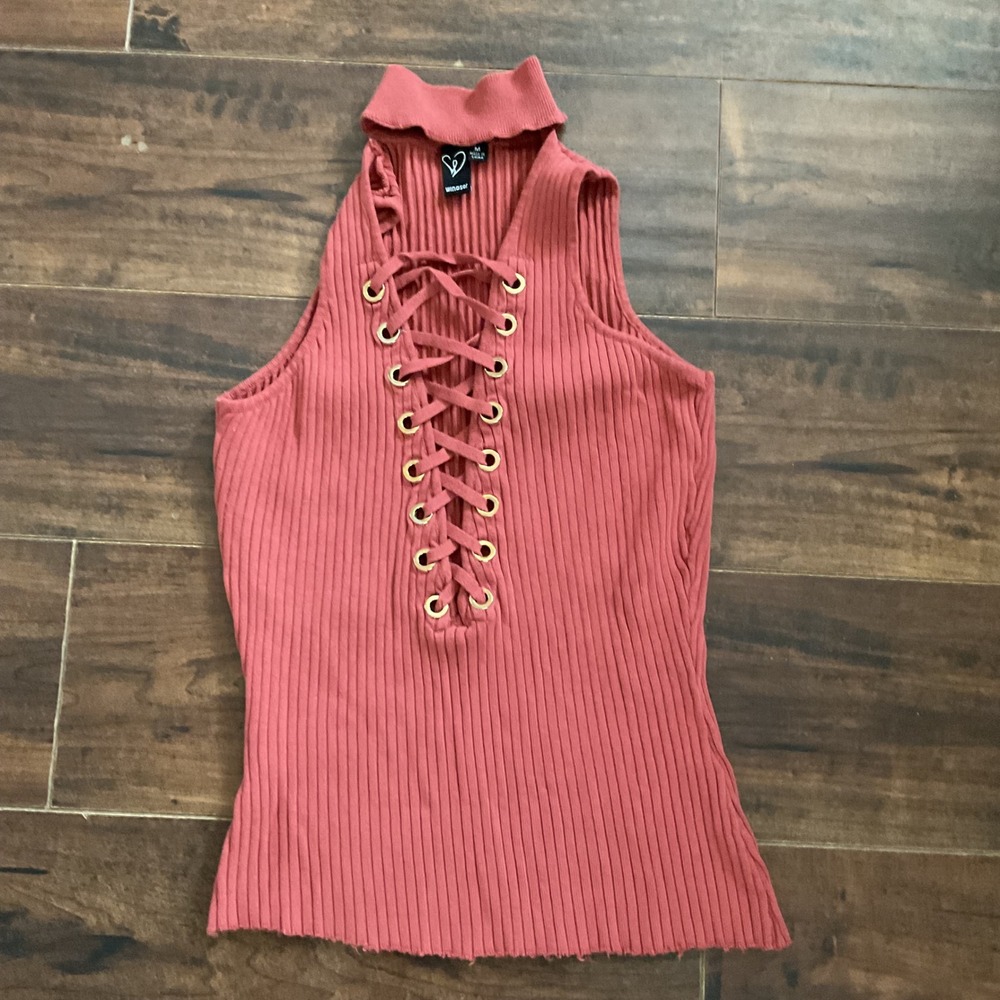 Windsor Womens Ribbed Lace Up Front Mock Neck Sleeveless Top Terracotta Rust M